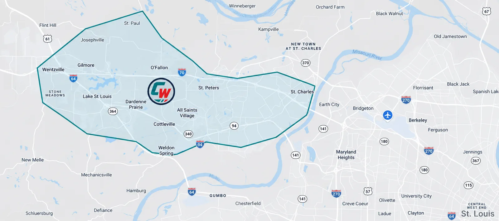 ClearWrench Mobile service area map covering Wentzville, O'Fallon, St. Peters, St. Charles, Lake Saint Louis, Cottleville, and Weldon Spring